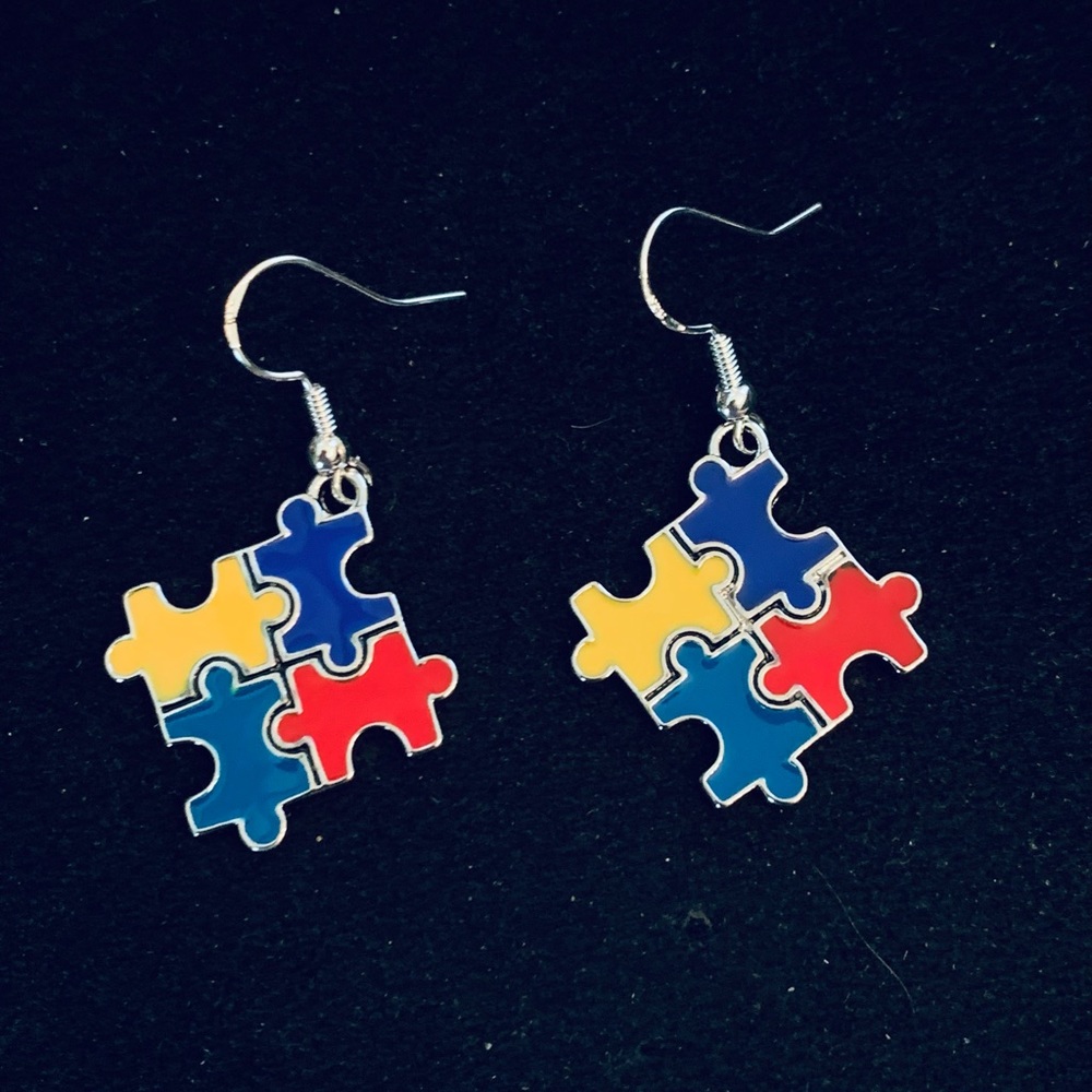 Autism Awareness Puzzle silver dangle earrings